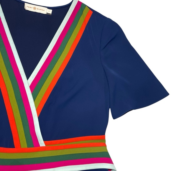 Tory Burch Peggy Wrap Dress Short Sleeve Navy Blue Stretch V-neck Womens Size 0 - Picture 12 of 16